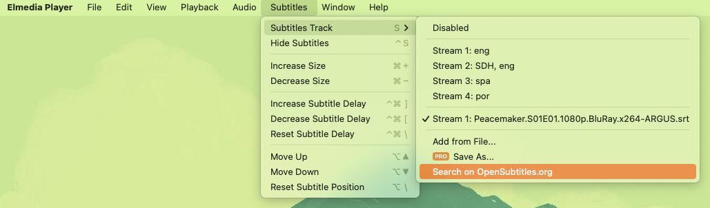 Opting for the search and download on the OpenSubtitles.org Elmedia Player - Subtitles Menu category